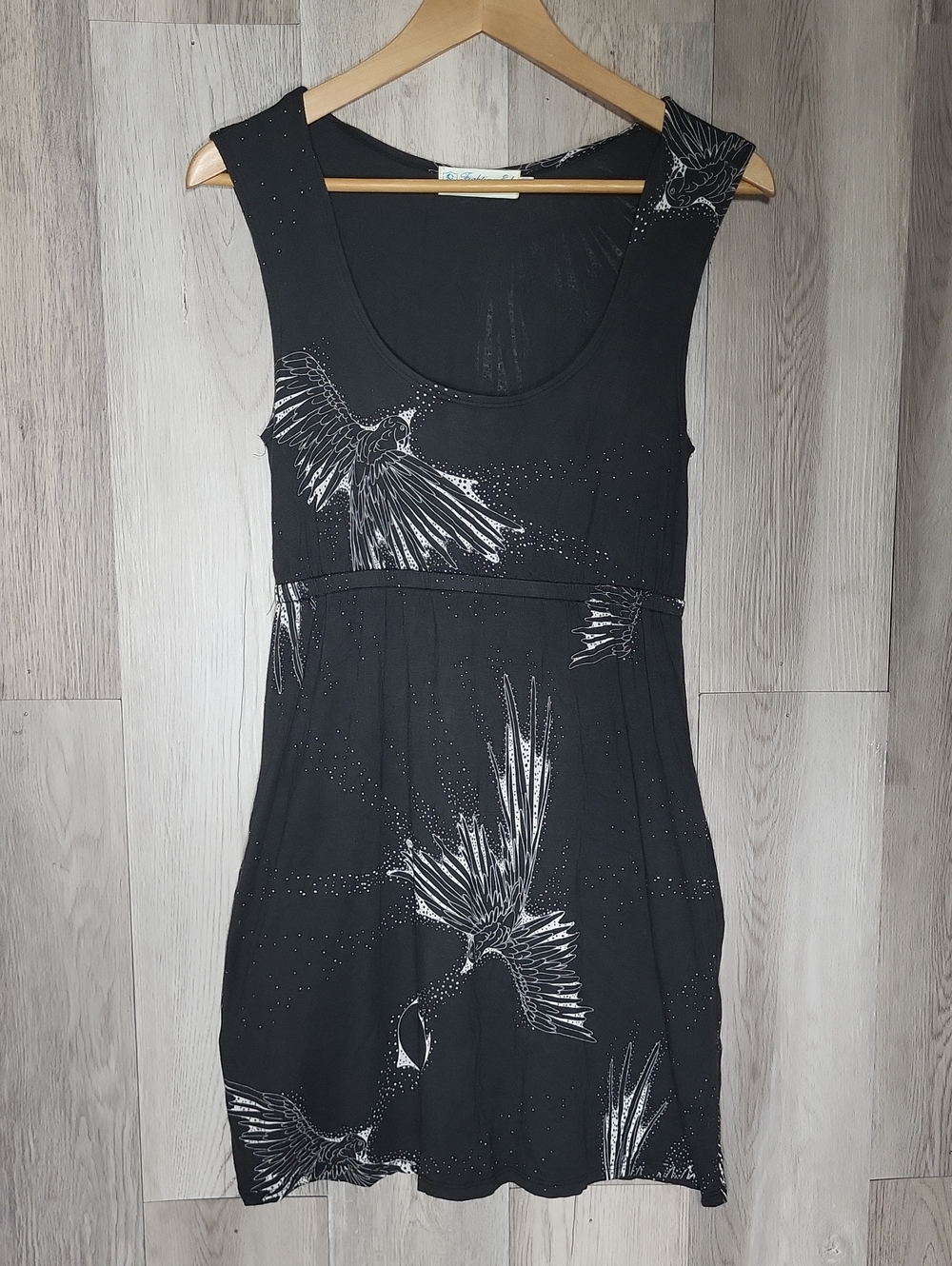 Fighting Eel Phoenix Print Dress Small Black White Empire Waist
